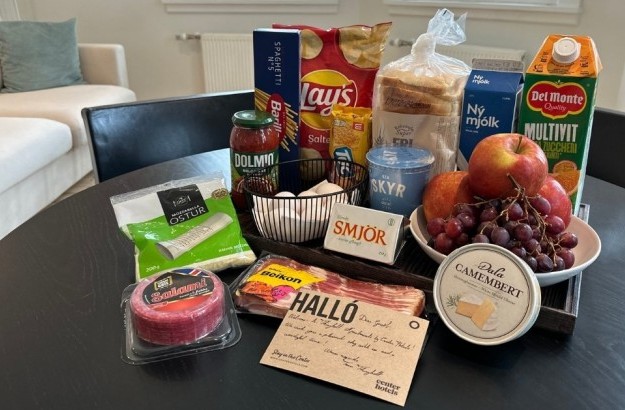 Optional grocery basket with food and drinks for guests at Thingholt apartments by Center Hotels in Reykjavik.
