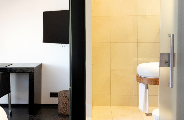 A picture of the bathroom and room in a standard room