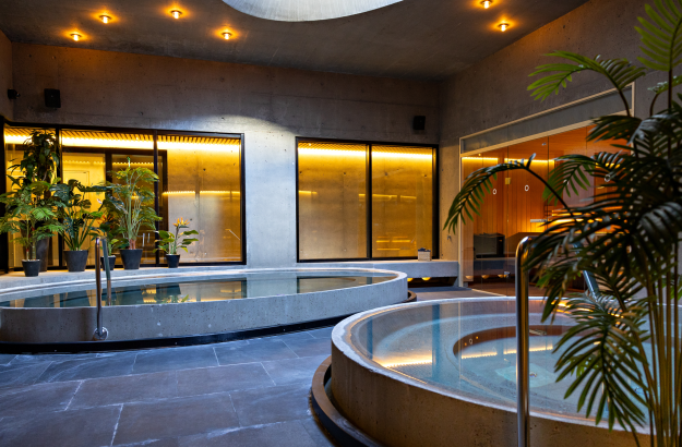 Overview of two hot tubs at grandi spa and a skylight window above the hot tubs. Green plants and sauna visible as well. 