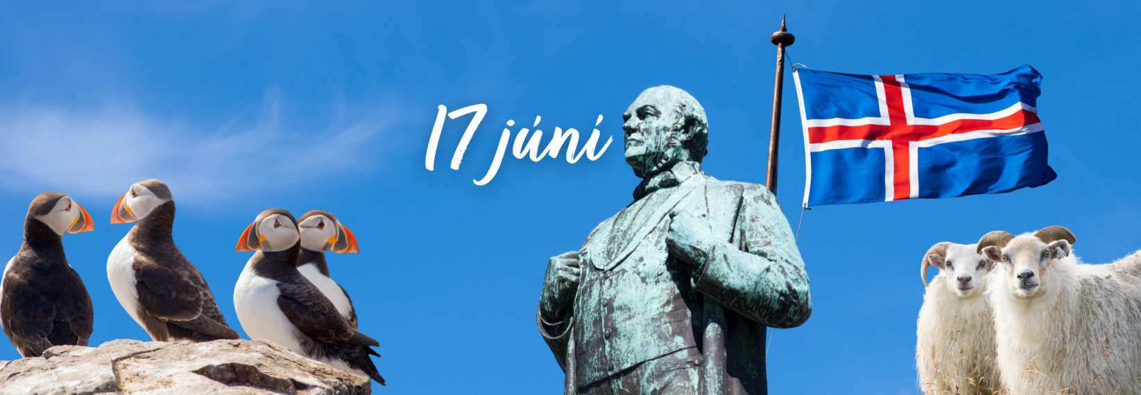 Iceland National Day graphic with Jón Sigurðsson statue, Icelandic flag, puffins, sheep, and “17 júní” text.