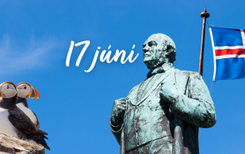Iceland National Day graphic with Jón Sigurðsson statue, Icelandic flag, puffins, sheep, and “17 júní” text.