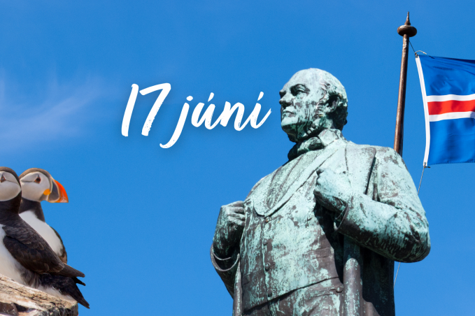 Iceland National Day graphic with Jón Sigurðsson statue, Icelandic flag, puffins, sheep, and “17 júní” text.