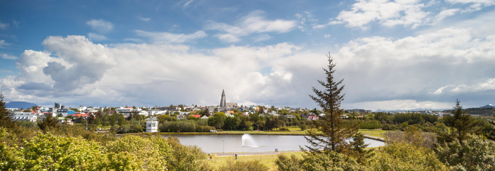 Panoramic view of Reykjavík with Hallgrímskirkja church, lake, and skyline under a bright sky