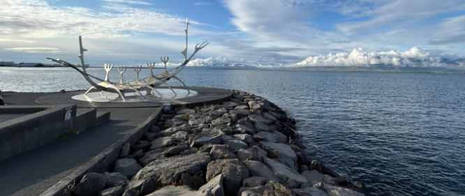 Reykjavik art sculpture, the Sun voyager on a sunny day in the winter time.
