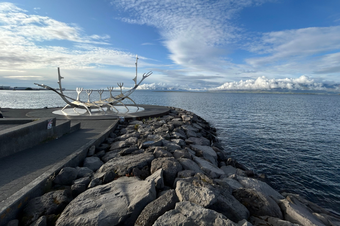 Reykjavik art sculpture, the Sun voyager on a sunny day in the winter time.