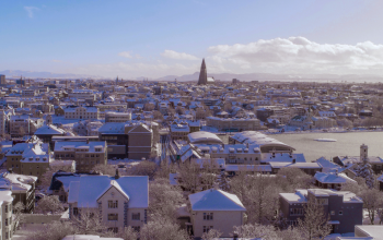 Winter view of downtown Reykjavík with snow-covered rooftops, Hallgrímskirkja church in the center, and leafless trees in the foreground.
