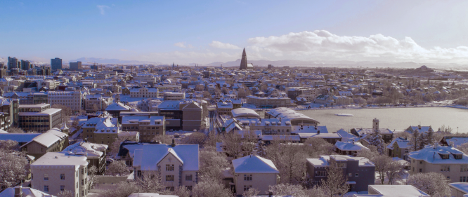 Winter view of downtown Reykjavík with snow-covered rooftops, Hallgrímskirkja church in the center, and leafless trees in the foreground.