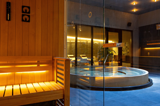 Wooden sauna and indoor hot tub in the modern Grandi spa in Reykjavik, Iceland