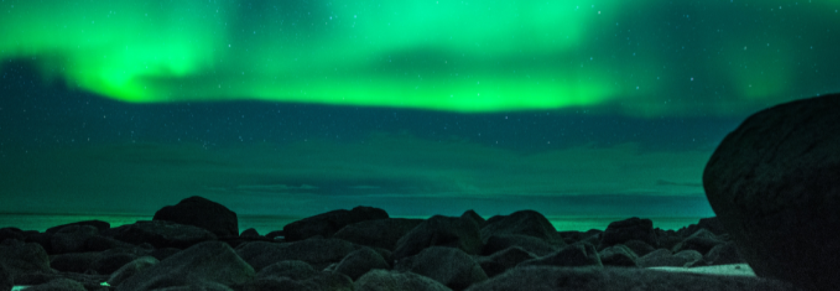 Green aurora lighting up the night sky above a rocky shoreline in Iceland.