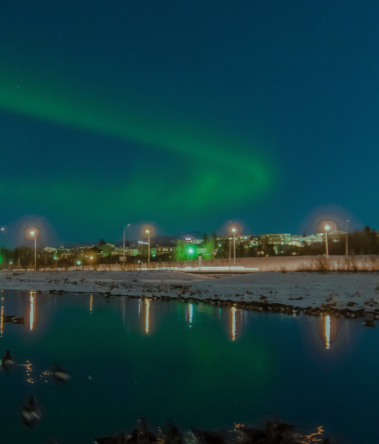 Green northern lights stretching across the sky above Reykjavík with city lights and reflections on a calm, snowy river.