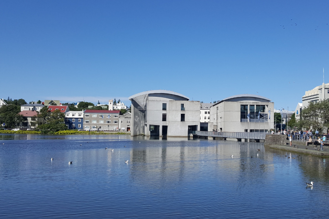 Reykjavik City Hall beside Tjornin pond in downtown Reykjavik