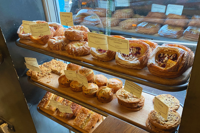 Selection of freshly baked pastries displayed at a bakery in Reykjavík.
