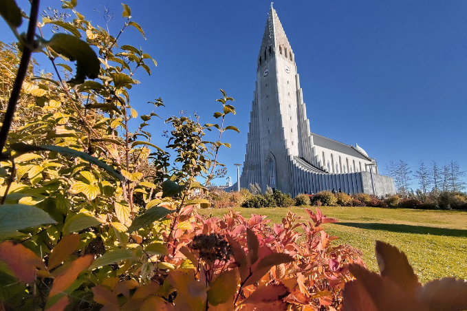 Hallgrímskirkja church rising above red and golden autumn foliage beneath a clear blue sky in Reykjavík.