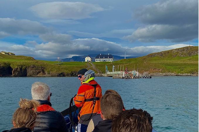 Boat approaching Viðey Island near Reykjavík, Iceland
