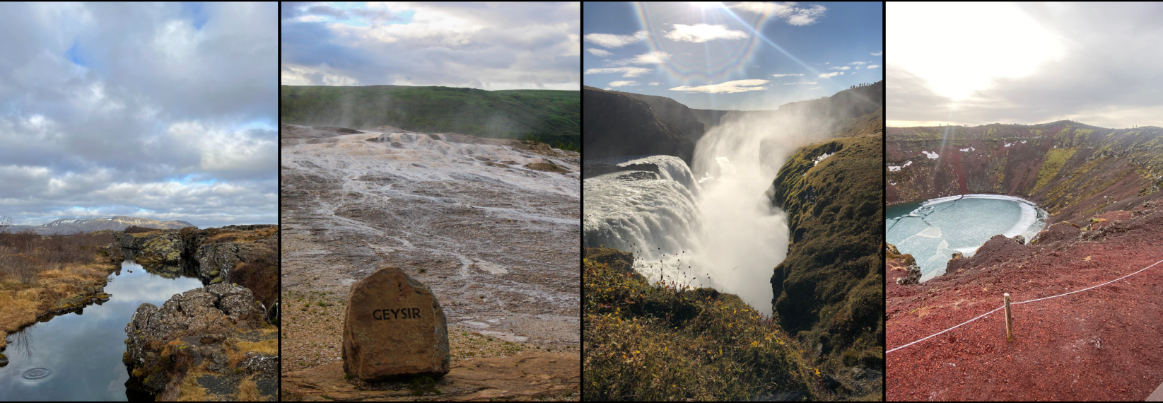 Four-panel collage showing a rocky river at Þingvellir, the Geysir geothermal area, Gullfoss waterfall with mist, and Kerið crater lake with red slopes.