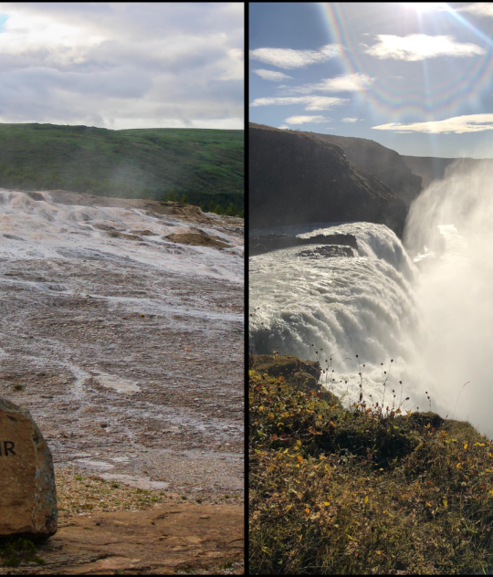 Four-panel collage showing a rocky river at Þingvellir, the Geysir geothermal area, Gullfoss waterfall with mist, and Kerið crater lake with red slopes.