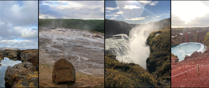 Four-panel collage showing a rocky river at Þingvellir, the Geysir geothermal area, Gullfoss waterfall with mist, and Kerið crater lake with red slopes.