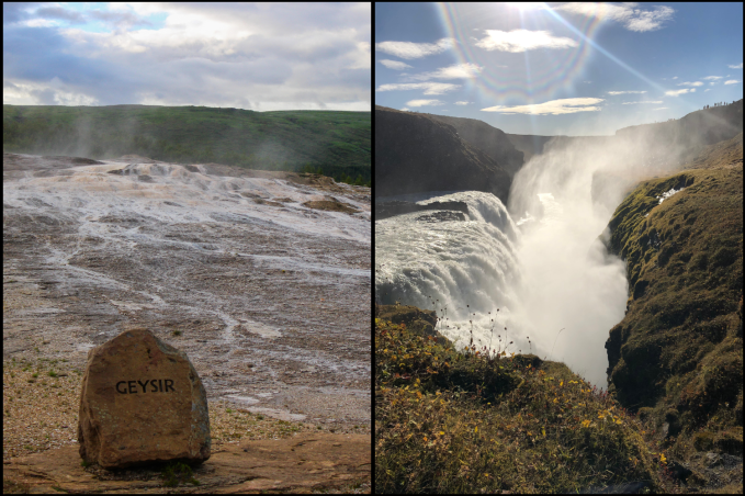 Four-panel collage showing a rocky river at Þingvellir, the Geysir geothermal area, Gullfoss waterfall with mist, and Kerið crater lake with red slopes.