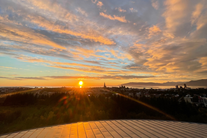Summer sunset over Reykjavík viewed from Perlan with Hallgrímskirkja in the distance