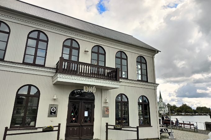 Front entrance of Iðnó, a popular live music and cultural venue beside Tjörnin pond in Reykjavík
