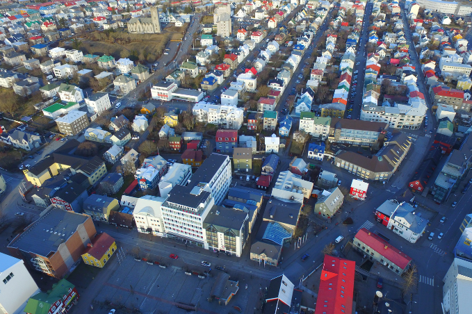 Overview over the city center of Reykjavik. Seen from above