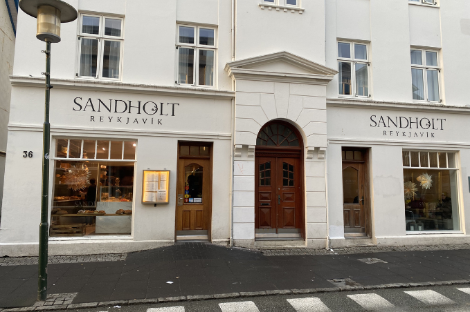 Front entrance of Sandholt bakery in Reykjavik, Iceland.