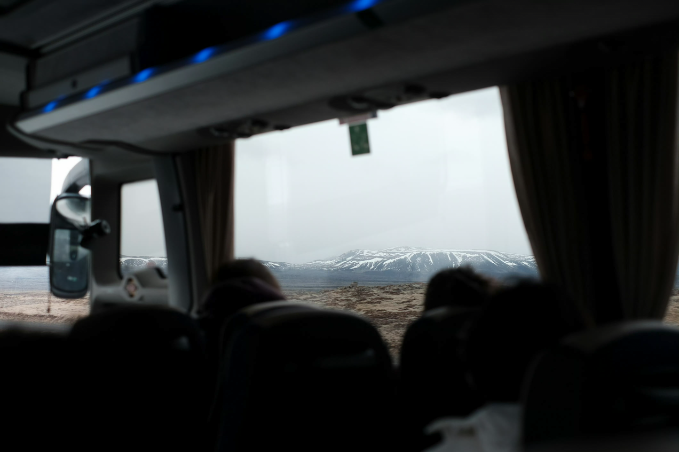 Inside a bus going from Keflavik Airport to Reykjavik