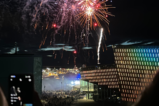 Fireworks lighting up Reykjavík during Culture Night celebrations.