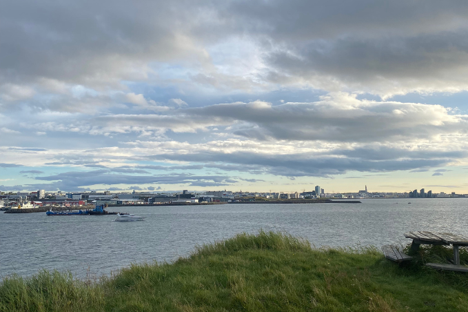 View across Faxaflói Bay with Reykjavík in the distance