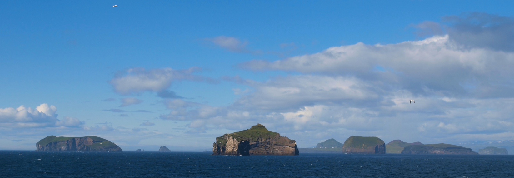 A wide-angle view of the Westman Islands in Iceland, with dark blue ocean in the foreground and scattered green islands under a bright blue summer sky with light clouds. A few seabirds are fl