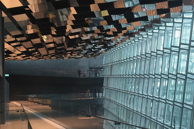 Glass architecture inside Harpa Concert Hall in Reykjavík