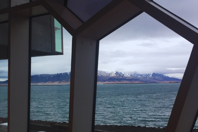 View of Esja mountain and the sea from Harpa Concert Hall in Reykjavík
