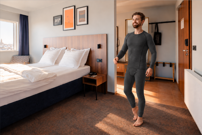 Man wearing dark grey thermal base layers beside a double bed in a sunlit hotel room.
