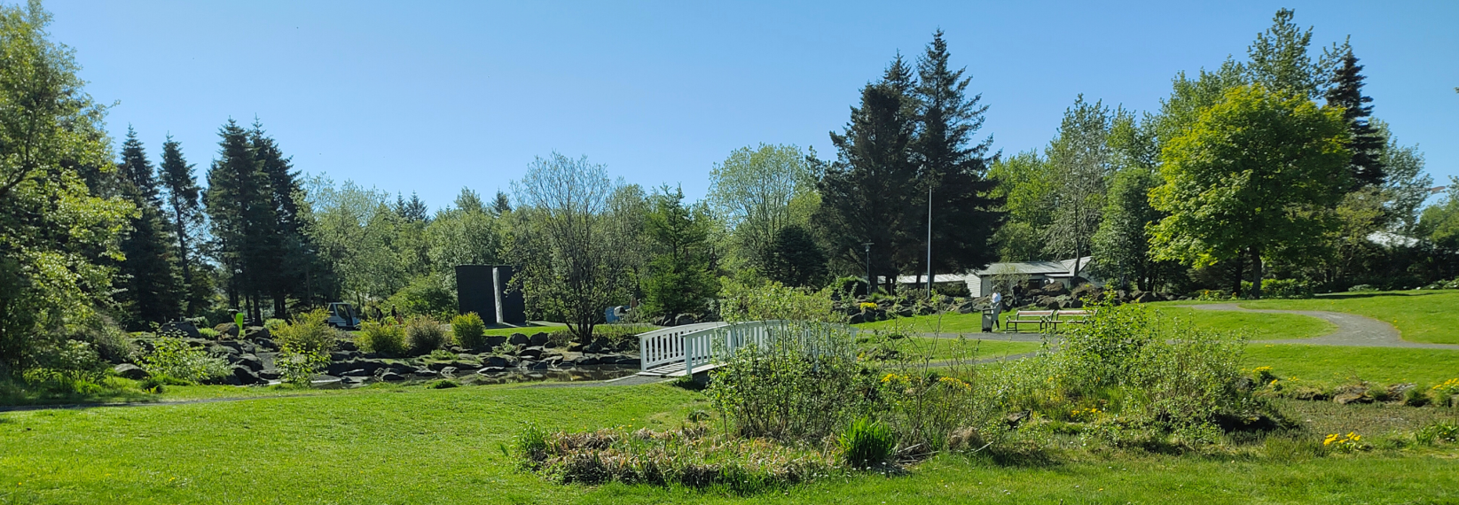 Laugardalur park in Reykjavík on a sunny day with green trees, walking paths, and a small white bridge over a stream