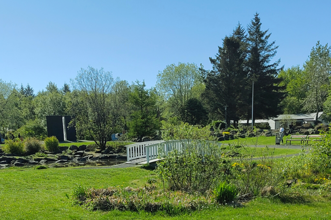 Laugardalur park in Reykjavík on a sunny day with green trees, walking paths, and a small white bridge over a stream