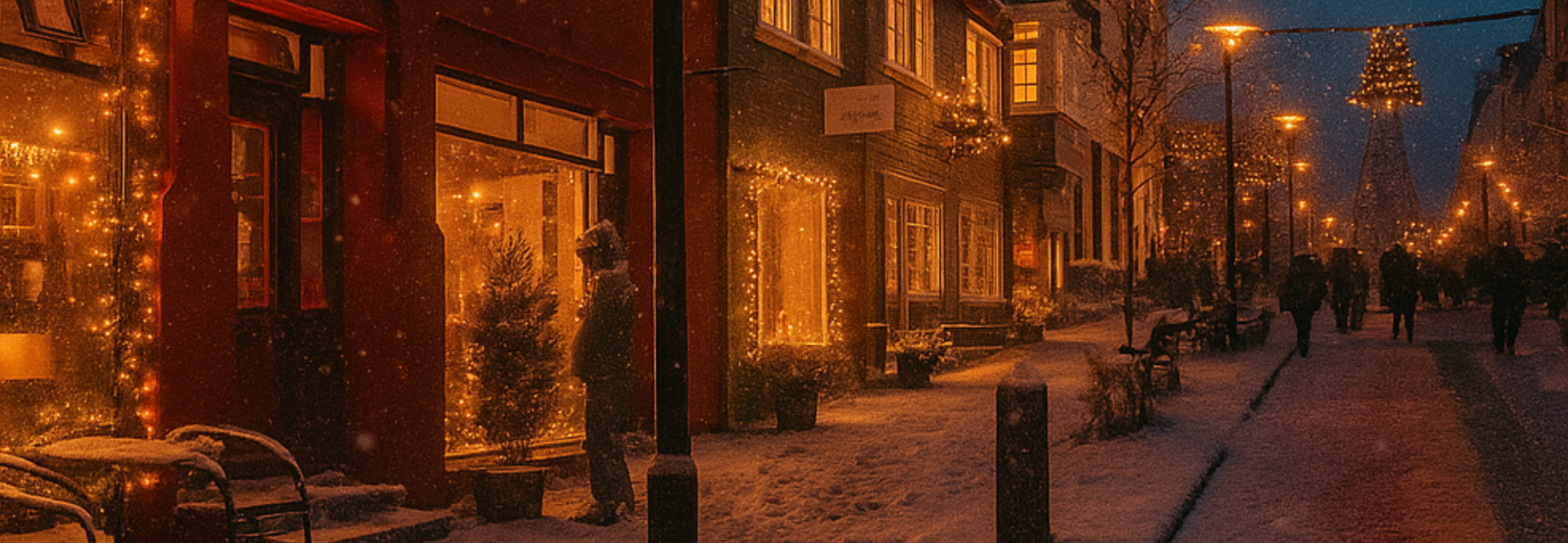 A snowy street in Reykjavik glowing with warm Christmas lights as people walk under the evening sky.