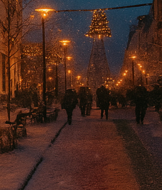 A snowy street in Reykjavik glowing with warm Christmas lights as people walk under the evening sky.