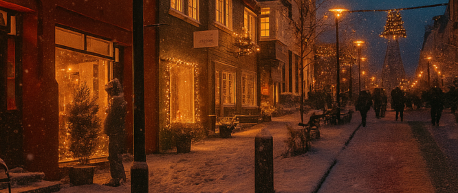 A snowy street in Reykjavik glowing with warm Christmas lights as people walk under the evening sky.