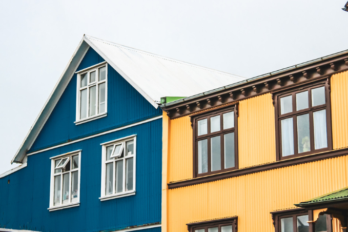 Traditional blue and yellow corrugated iron houses in Reykjavík