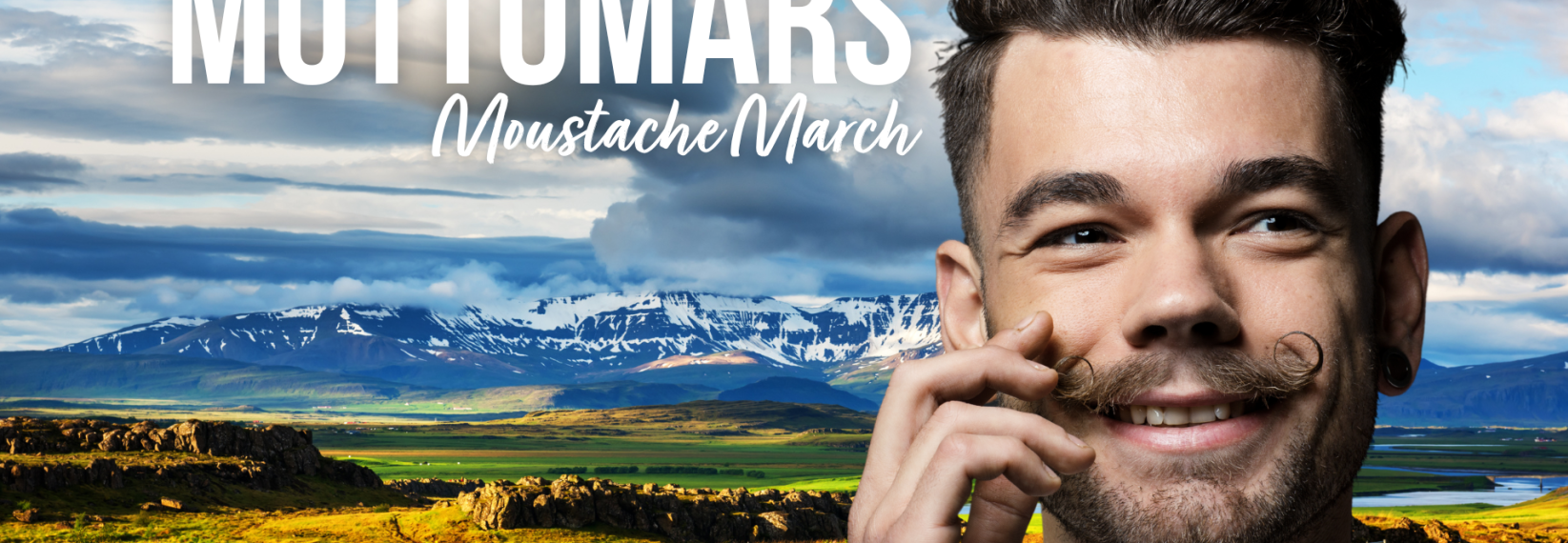 a smiling man twirling his moustache in front of a colourful Icelandic landscape